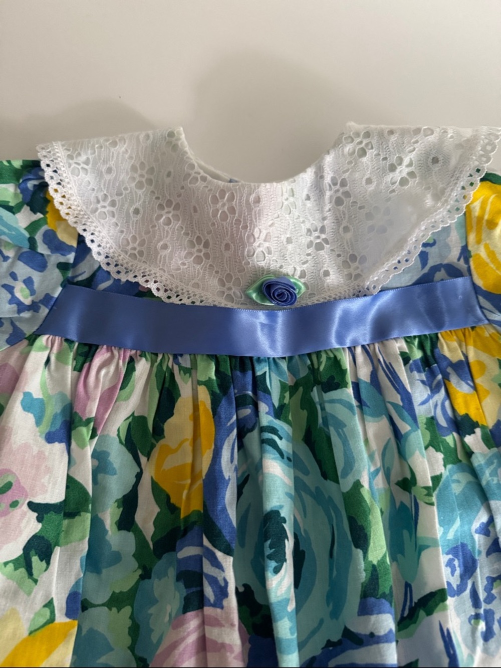 Vintage Allison Ann Girl Floral Lace-Collar Casual Dress - Blue, Yellow & Green - Picture 3 of 6